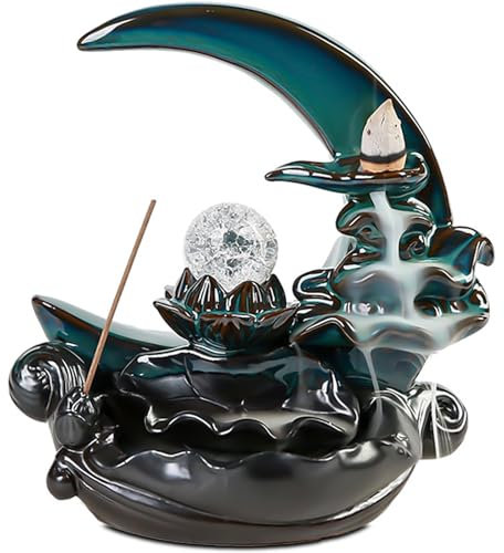 ZONSUSE Bruciatore di Incenso a Cascata di Luna, Porta Incenso a Riflusso Lunare, Porta Incenso in Ceramica di Foglia di Loto, con Decorazione a Sfera di Cristallo, per Regalo di Aromaterapia (Luna)