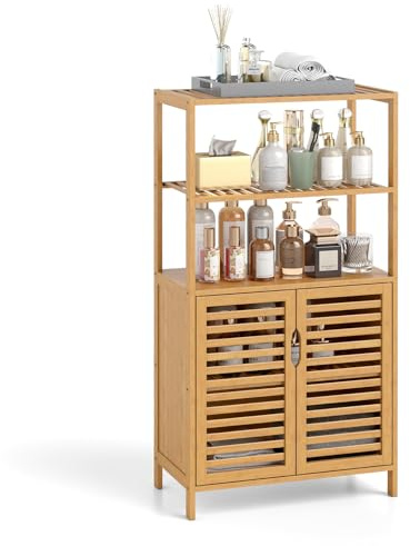 GIANTEX Estantería de Baño de Bambú con 2 Puertas, Armario de Almacenamiento con 2 Estantes Abiertos, 60 x 33 x 116 cm, Mueble Multifuncional para Comedor, Salón, Lavandería