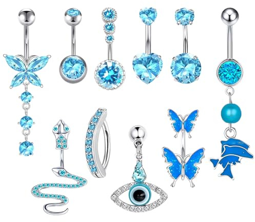 TYXHXTF 10 Piezas Anillos para el Ombligo, Ombligo Piercings Embarazada Colgantes para Piercing de Ombligos, Piercing Ombligo, Anillos para Ombligos Corazón Mariposa para Mujeres（Azul）