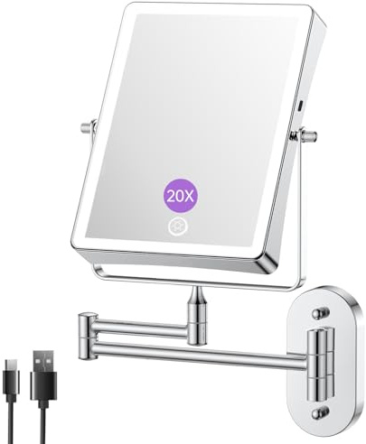 FASCINATE Specchio cosmetico ricaricabile con ingrandimento 1X/20X, 3 colori di luce dimmerabili, touch screen, girevole a 360°, per montaggio a parete, specchio da barba, specchio da trucco per bagno