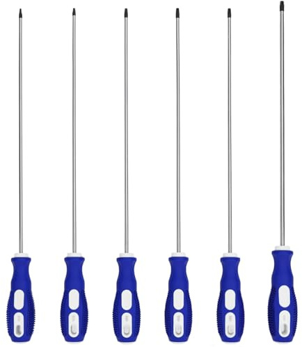 QWORK® Jeu de 6 tournevis étoile extra longs en acier CR-V, longueur de lame 300 mm, embouts magnétiques, T10, T15, T20, T25, T27, T30