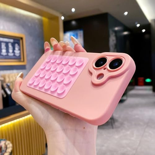 HTYTFC Custodia a ventosa in silicone morbido per iPhone 16, 15, 14 Plus, 13, 12 Mini e 11 Pro Max, con supporto per selfie, antiurto, rosa, per iPhone 14 Pro