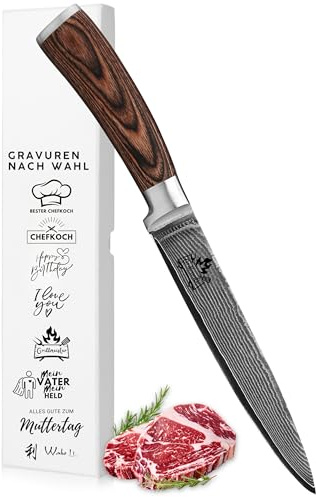 Wakoli EDIB Damast Fleischmesser mit Gravur, personalisiertes Geschenk für Küche und Hobbyköche, 18 cm VG10 Klinge, 67 Lagen, extrem scharf, Pakkaholz Griff, Geschenkbox
