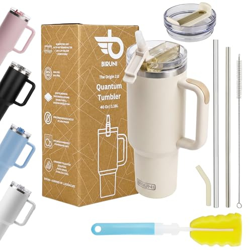 Thermobecher mit Strohhalm – Thermobecher 1,18L – doppelwandiger, vakuumisolierter Trinkbecher mit Deckel und Strohhalm, Reisebecher, Kaffeebecher Isolierbecher für heiße und kalte Getränke (Beige)