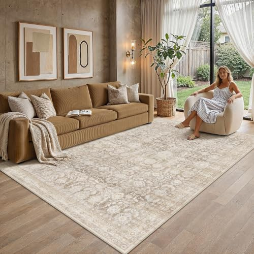 PureCozy Beige Teppich Wohnzimmer 160x230cm Waschbarer Vintage Tepich | Wohnzimmerteppich,Kurzflor Rutschfest,Weich Boho Retro Carpet,Leicht,Schlafzimmer, Esszimmer,Büro