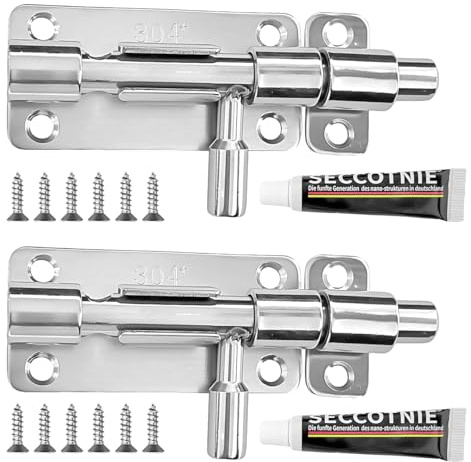 RIVIEVAL catenaccio in acciaio inox 4 pollici, confezione da 2 con 12 viti, chiusura di sicurezza antiruggine per cancello, finestra e recinzione (argento)