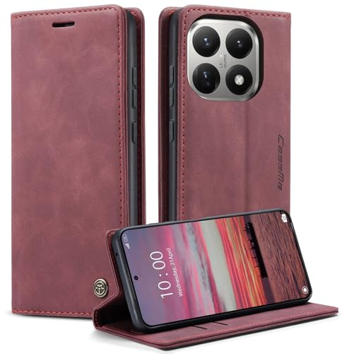 owlhold Coque Xiaomi 15T Housse Antichoc en Cuir PU Premium Fentes Cartes Etui Pochette de Portefeuille avec Fonction Support Case à Rabat Housse pour Xiaomi mi 15T - Vin Rouge