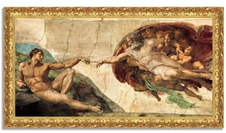 LuxHomeDecor Michelangelo Buonarroti - La creazione di Adamo - Quadro stampa su tela effetto dipinto con cornice in legno oro classico - 90x50 cm
