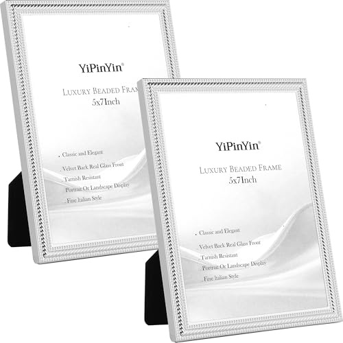 Classy Silver Plated 5x7'' Picture Frame 2 Pack,7x5'' Beaded Metal photo Frames with Real Glass & Velvet Backing,Hi End Classy Silver Frame 7x5'' for Tabletop Display or Wall Mounting
