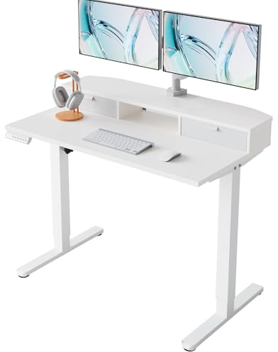 HUANUO Höjdjusterbart skrivbord 100 x 60 cm med lådor, kompatibel C-klämstativ, skrivbord med 4 minneshöjdsjusteringar