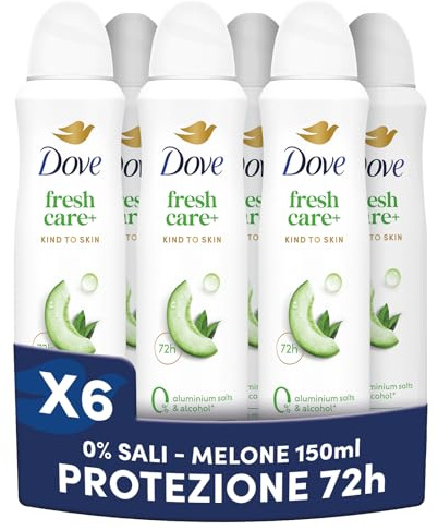 Dove Deodorante Spray Advanced Care 0% Sali Melon Fresh, Deodorante 72 Ore Protezione Sudore e Odori, con Zinco Antibatterico, 0 Sali di Alluminio, 6 Pezzi da 150ml