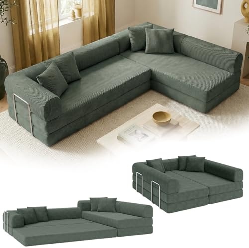 skølm Lofn Ecksofa 4-Sitzer 300 cm, Cord Dunkelgrün, L-Form, mit 4 Kissen | Klappsofa, ausklappbar zum Schlafsofa/Bodensofa, Vollschaumcouch Boneless mit Stahlgestell, vakuumverpackt, Wohnlandschaft