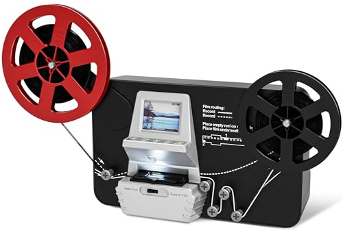 8mm & Super 8 Film to Digital Converter, Frame-by-Frame Film Scanner Digitizer to MP4, 2.4 LCD Screen, Supports 3” 5” 7” 9” Reels, 32GB SD Card Included