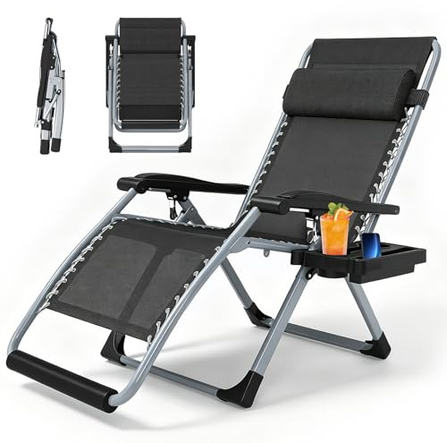 Liegestuhl klappbar, Deckchair, Gartenliege wetterfest,Outdoor Relaxsessel mit Liegefunktion,Verstellbare Rückenlehne, Nackenkissen, 200 kg,Sonnenliege klappbar für Balkon,Strand,Pool (Grau,65 cm)