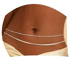 AOSWUD Cadena de Cintura para Mujer Chapada en Oro de 18 Quilates, Cadena Ajustable para el Vientre con Diseño Cubano,Perlas y Cruz Joya Corporal de Verano (Eslabón doble plateado)
