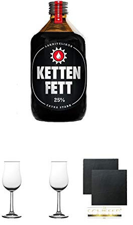 Kettenfett Lakritz Likör 0,5 Liter Kanne + 2 Bugatti Nosing Gläser mit Eichstrich 2cl und 4cl + 2 Schiefer Glasuntersetzer eckig ca. 9,5 cm Ø