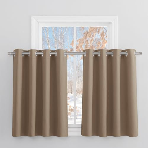 PONY DANCE Mocha Short Blackout Curtains for Kitchen Window Thermal Insulated Light Blocking Privacy Curtains Energy Saving Room Darkening Panels with Eyelet, 52 x 36 Inch, 2 Panels