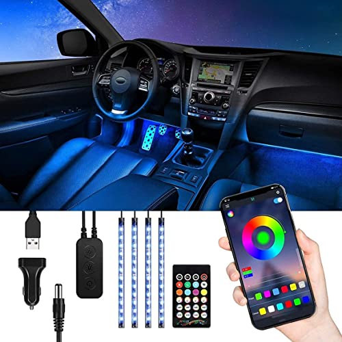 TASMOR Tiras Luces Led para Coche con 16 Millones de Colores, 4 * 22CM Luz Interior USB Funciona con App y Mando Remoto, Iluminacion Impermeable con Modo de Escena DIY y Música
