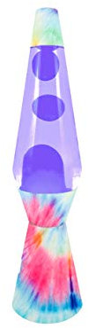 Fisura - Lámpara de lava “Tie Dye”. Base multicolor, líquido morado y lava morada. Lámpara efecto relajante. Con bombilla de repuesto. 11,5 cm x 11,5 cm x 40 cm.