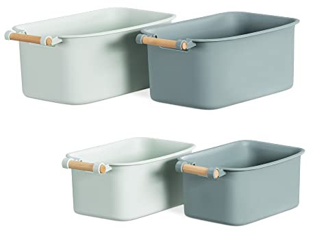 Navaris 4x Aufbewahrungsbox Aufbewahrungskiste mit Holzgriff - Box Organizer zur Aufbewahrung aus Kunststoff - Kiste Behälter für Badezimmer Küche