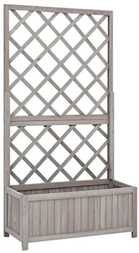 Makastle Pflanzkasten mit Spalierwand, Garten Spalier Pflanzkübel aus Holz, Blumenkasten mit hoher Rankhilfe Rankgitter für Balkon Garten Grau 70x30x135 cm Tannenholz