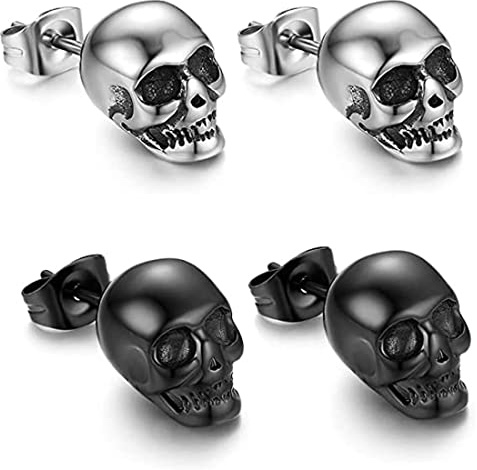 2 Paar Totenkopf Piercing Ohr Herren Ohrringe Schädel Ohrstecker Edelstahl Hip Hop Punk Jazz Ohr Schmuck Punk Edelstahl Ohrstecker Totenkopf Ohrringe Rock Ohrstecker für Männer Silber Schwarz