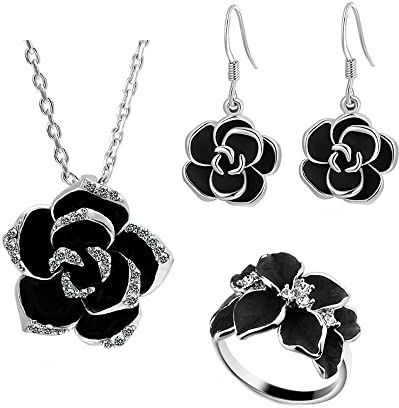 TOEECY Rose Schmuckset für Damen und Mädchen Kamelie Blume Anhänger Halskette Ohrringe und Einstellbar Ringe Set Emaille Zirkonia Schmuck Set für Hochzeit Braut