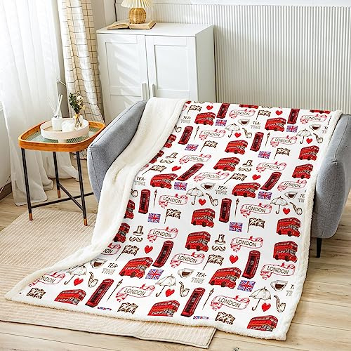 Homemissing British Sherpa Blanket London Urban Fleece Throw For Bed And Sofa, Kids Red Bus Plush Utra Soft England Flag Fuzzy Retro Telephone Booth Flannal Single 50x60 Inch