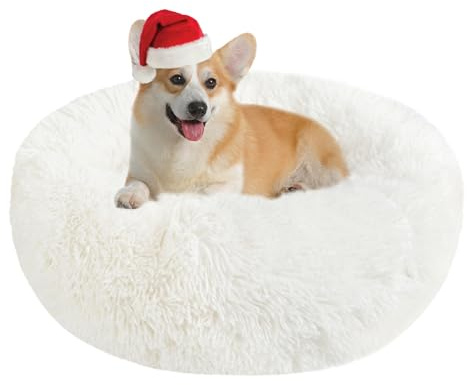 Cuccia Gatto Cane Antistress Morbida - Cuscino Pelosa per Cani Gatti Interno Nuvola Soffice Peluche Rotondo da Ciambella, Letto Pelosa per Animale Domestico Piccola Media (L-60cm/23.6in, Bianca)