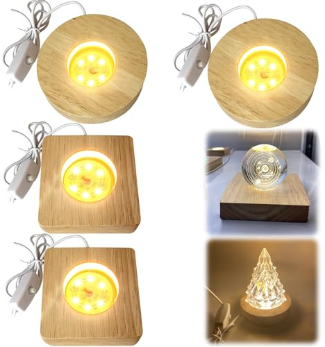 Aicharynic 4 Stück Holz LED Lichtsockel Led Ständer Display-Basis DIY Led Holzsockel Platte Glasblock Beleuchtete Led-sockel aus Holz mit USB Led Sockel Display Kristall Glas Acryl Harz Schmuck