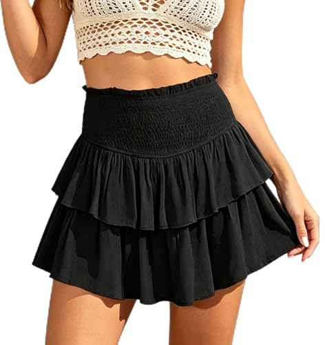 ZYMOZYM A-Linien Schwarz Basic Einfarbig Mini Rock Mit Shorts Falten Dehnbaren Sportrock Hosenrock Damen