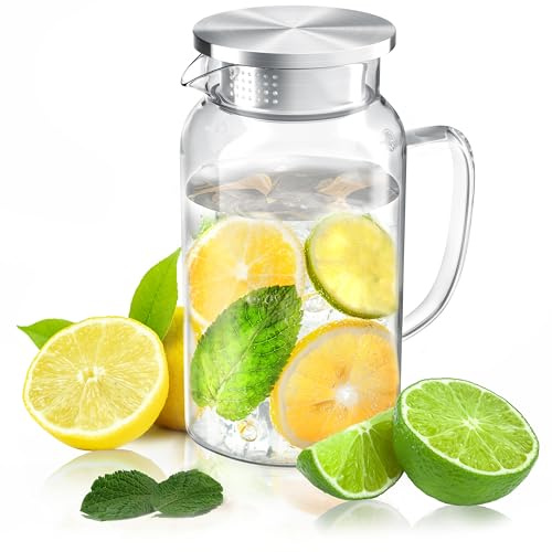 Arendo - Glaskaraffe 1400 ml - Karaffe aus Glas mit Deckel - Wasserkaraffe aus lebensmittelechtem Edelstahl – Borosilikatglas hitzebeständig bis 100°C – Sieb - hitze- und kältebeständig