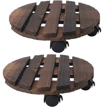 Jiawu Lot de 2 Paniers à Plantes, Support à Plantes de 30 Cm avec roulettes, Support à Plantes en Bois, Plateau à Plantes Roulant à 360 Degrés, Chariot à roulettes Rond pour Pot
