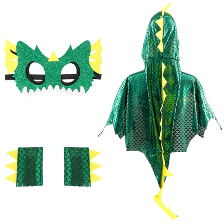Aurasky Dinosaurier Umhang Kinder, Dino Kostüm Cape mit Mask Handschuhe, Drachen Mantel für Jungen Mädchen für Karneval Halloween Fasching Cosplay Party(Grün)