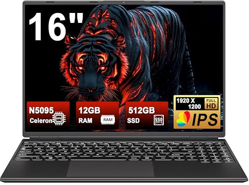 Ordenador Portátil 16 Pulgadas Celeron N5095 Up to 2.9Ghz, Portátil Win 11 con 5G WiFi 12+512GB SSD Expansión 1TB, BT 4.2 Mini Puerto Multimedia Portatiles Ventilador Refrigeración 1920*1200-Negro