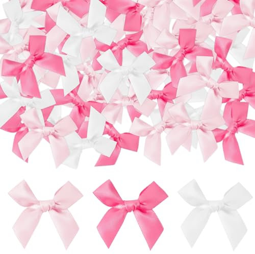 JRYGAC 90 Pezzi Fiocchetti per Bomboniere Set, Autoadesiva Fiocchi Bianchi Matrimonio, Mini Fiocchi Rosa, 3 Colori Fiocco Regalo per Bomboniere Matrimonio Battesimo Compleanno Artigianato Cucito