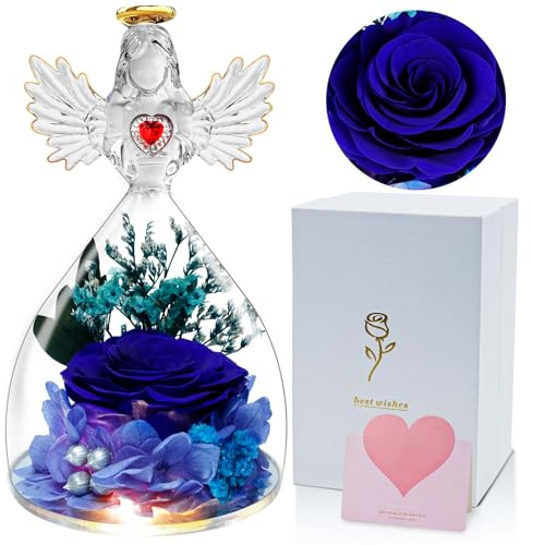 skelo Ewige Rose Muttertagsgeschenke für Mama, Ewige Rose im Engel Figur Geschenke für Frauen, Infinity Rosen in Engel Glaskuppel mit LED Licht, Geburtstagsgeschenk für Frauen Mutter Oma Geschenk