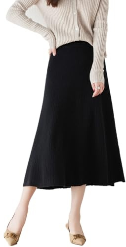 Ailaile Gonna a trapezio Donna Autunno Inverno 100% Lana Merino Maglia Gonna Lunga A Costine Elastico In Vita Casual Calda Gonna Larga, nero, XX-Large