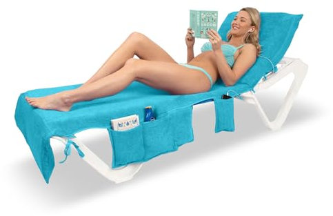 ITSA Terry Towelling Beach Towel with Pockets & Handles | 100% Cotton Foldable Sun Lounger Cover | Carry Bag | Secure Storage Beach Towel (Turquoise)