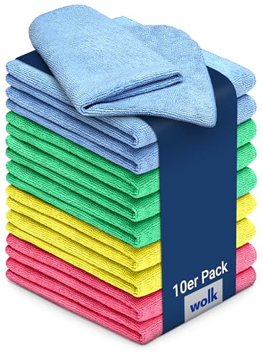 Wolk Mikrofasertücher 40x40 cm 10er Pack grün blau gelb rot | fusselfreie Putztücher & Reinigungstücher, Mikrofasertuch für Küche Bad Auto, Putzlappen & Poliertücher, 200 g/m²