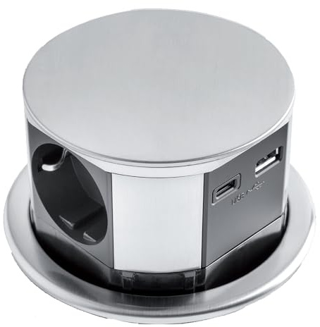 Torretta Multipresa Estraibile a Scomparsa 3 Prese 1 USB A 1 USB TIPO C, da incasso Compatta, Finitura in Acciaio Inox, Design Scorrevole Verticale, Ideale per Cucina e Ufficio