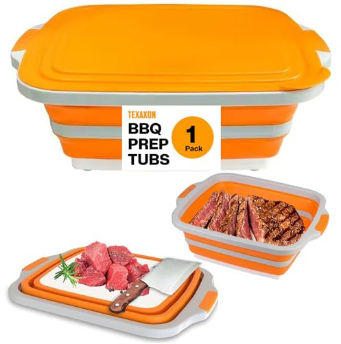 Texaxon Tina de preparación para barbacoa de 8 litros con tabla de cortar y tapa, accesorios para parrilla, fregadero portátil, cubo plegable para barbacoa, picnic, camping, preparación de carne,