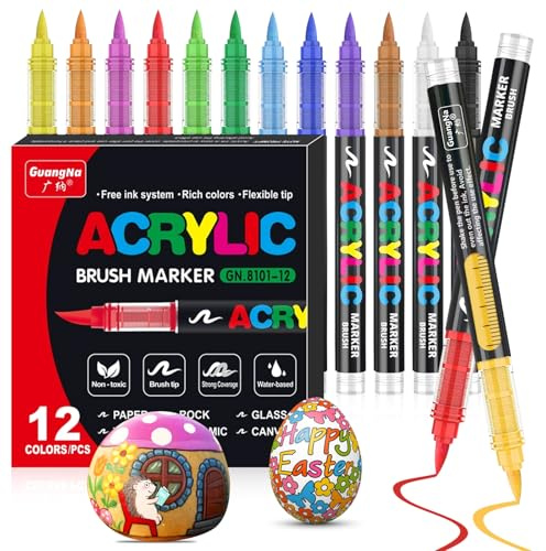 VAKKI 12 Color Acrylic Paint Pens, Brush Markers, Felt Pen For Colouring, Stone, Calligraphy, Wood, Canvas, Glass, Ceramics