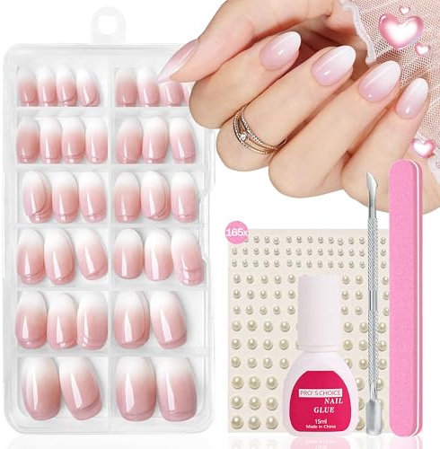 Falska naglar Tips Set – 120 stycken franska lösnaglar att klistra på – vit rosa gradient design konstgjorda naglar nagelkonst manikyr falska naglar för kvinnor gör-det-själv-salong (baby rosa mandel)