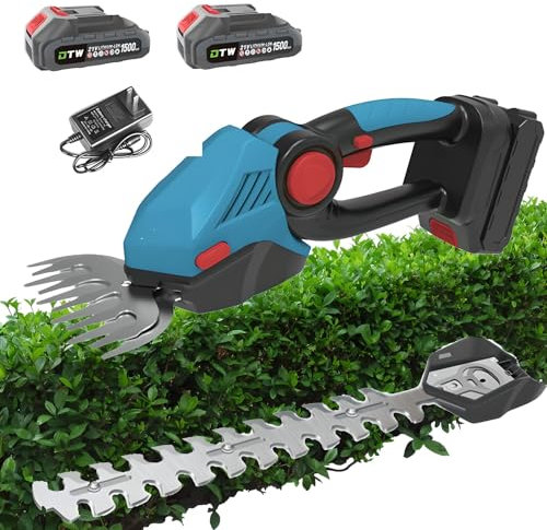 Cortasetos eléctrico 2 en 1, Cortasetos inalámbrico y cizalla de césped con batería de 1500 mAh y 2 Cuchillas, Cortasetos pequeño de Mano, Ligero, Ajustable a 60°, para poda de arbustos y césped Blue