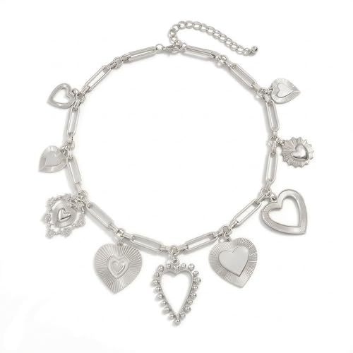 Vpanda Chunky Silver Necklace for Women Big Heart Necklace Vintage Silver Plated Cute Statement Paperclip Chain Charm Necklace for Women Stackable Fashion Jewelry