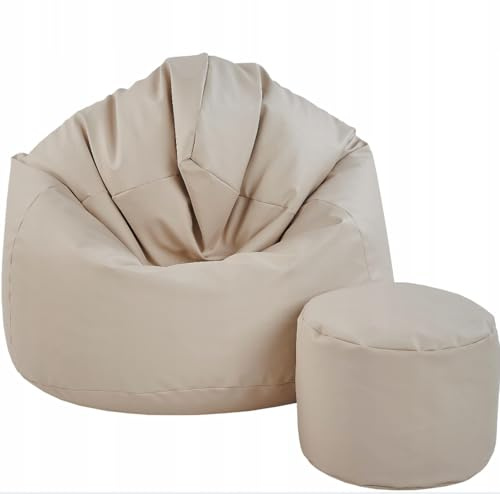 Pouf Poltrona Sacco con Poggiapiedi Beige 95x95x120 cm - Poltrona Pouf Sacco XXL da Interno in Ecopelle - Morbido e Confortevole - Bean Bag per Adulti e Bambini - Mobili per Soggiorno
