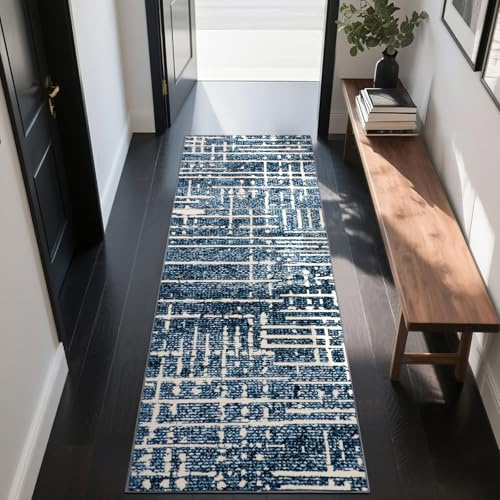 TUKDAK Abstrakter Teppich Läufer Flur 60x180cm, Blau Modern Waschbar rutschfest Küchenläufer, Kurzflor Läufer Küche, Weich Kunstwolle Teppichläufer Flurteppich Flurläufer für Schlafzimmer Wohnzimmer