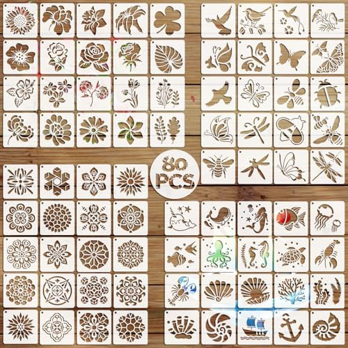 EAPIKON 80stk Blume Mandala Schablone Malen, 7.6cm Wiederverwendbar Meeres Zeichenschablonen für Art Deko, Vorlagen Ozean Schmetterling für Holz Wände Leinwand Möbel DIY-Bastelprojekte