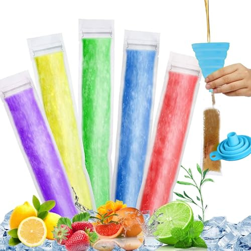 Moule à Glace,Sacs Popsicle,200pcs Moule Sacs Popsicle,Sacs à Glace à L'eau,Sacs Sucettes Glacées avec Un Entonnoir,Popsicle Pochettes,Sacs de Moules à Glaces,Sacs Sucettes Glacées,Ice Pop Pouch